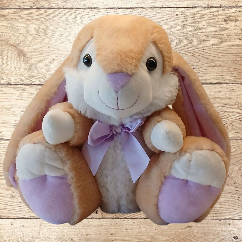 Kellytoy Big Feet Easter Bunny, 12 inches, Lavender on Ears, Feet & Bow Tan Body